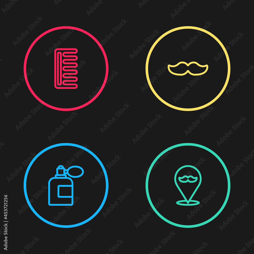 Set line Aftershave bottle with atomizer, Barbershop, Mustache and Hairbrush icon. Vector Set line Aftershave bottle with atomizer, Barbershop, Mustache and Hairbrush icon. Vector