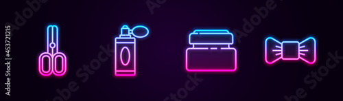 Set line Scissors hairdresser, Aftershave bottle with atomizer, Cream lotion cosmetic tube and Bow tie. Glowing neon icon. Vector