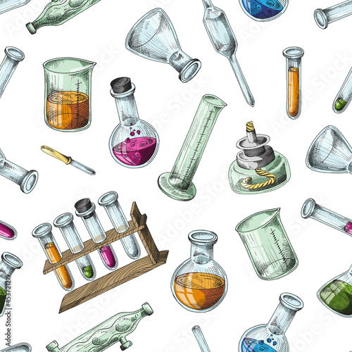 Seamless background of chemical laboratory equipment in sketch style