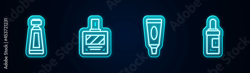 Set line Cream or lotion cosmetic tube, Aftershave, and Beard and mustaches care oil bottle. Glowing neon icon. Vector
