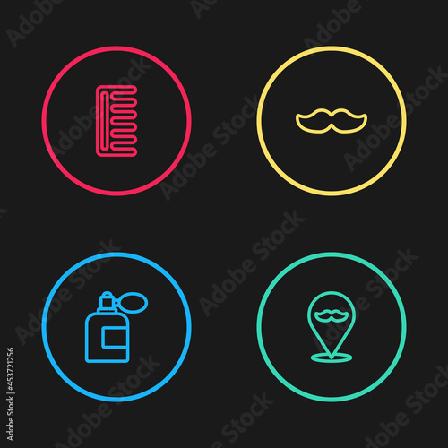 Set line Aftershave bottle with atomizer, Barbershop, Mustache and Hairbrush icon. Vector