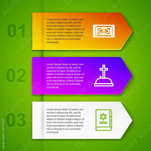 Set line Traditional carpet, Tombstone with cross, Jewish torah book and The commandments. Business infographic template. Vector