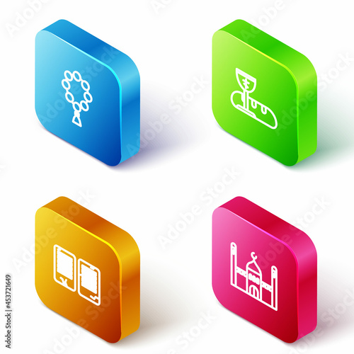 Set Isometric line Rosary beads religion, First communion symbols, The commandments and Muslim Mosque icon. Vector