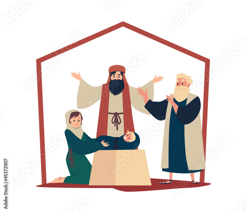 Christian scene of adoration of the Magi, flat vector illustration isolated.