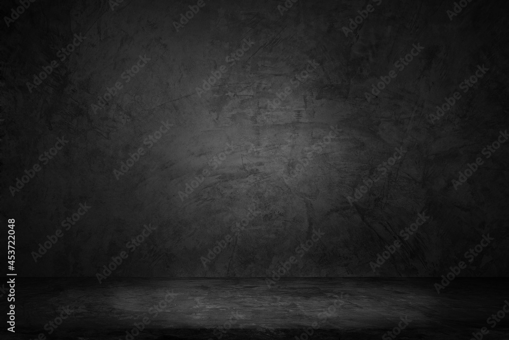 Empty interior room and floor concrete with old brick wall dark for background. Texture of old dark concrete wall with scratches and cracks - obrazy, fototapety, plakaty 