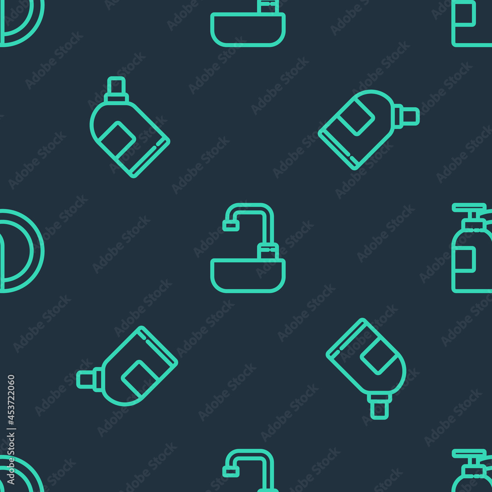 Set line Washbasin with water tap, Bottles for cleaning agent and Dishwashing liquid bottle and plate on seamless pattern. Vector Set line Washbasin with water tap, Bottles for cleaning agent and Dishwashing liquid bottle and plate on seamless pattern. Vector