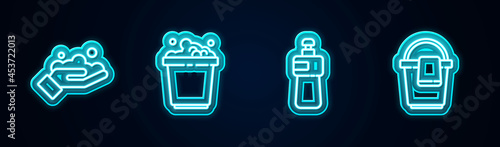 Set line Washing hands with soap, Bucket suds, Dishwashing liquid bottle and rag. Glowing neon icon. Vector