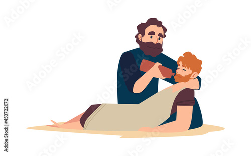 Bible christian parable about good samaritan help to injured man.