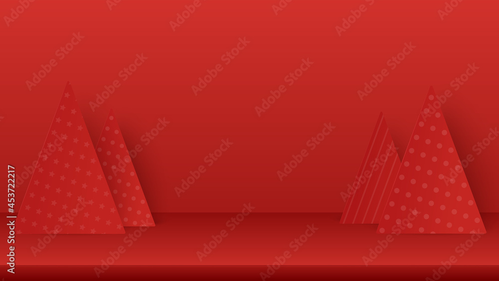 Empty tabletop with christmas tree on red background. Podium platform to show product with focus to the table top in the foreground. Happy new year stand to show product for christmas
