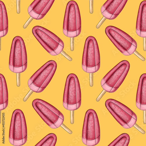 Illustration digital drawing ice cream seamless pattern of different shapes and colors on a yellow background. High quality illustration