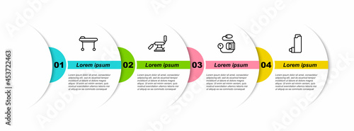 Set line Stretcher, Medical dental chair, Blood pressure and Inhaler. Business infographic template. Vector