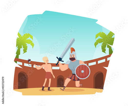 Scene of fight of giant warrior goliath and young david.