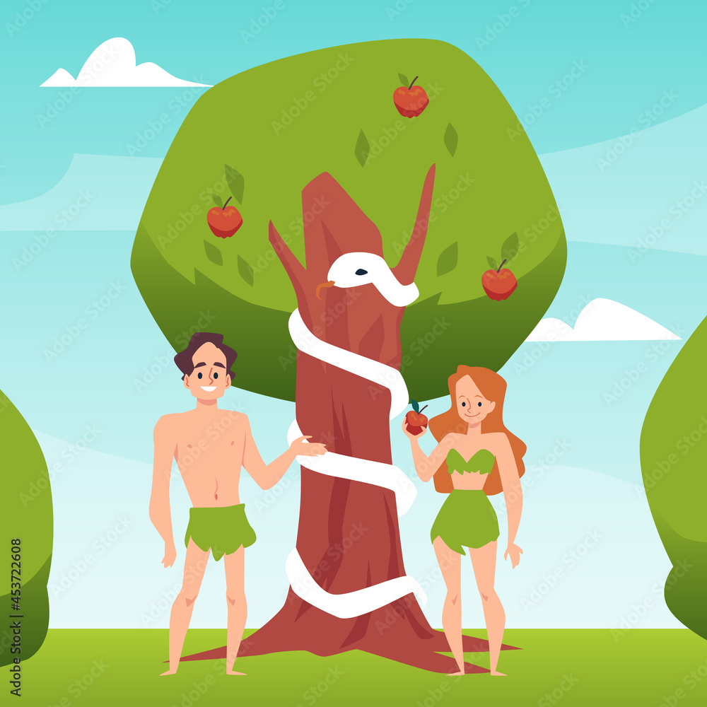 Temptation of Adam and Eve with forbidden fruit, flat vector illustration. - obrazy, fototapety, plakaty 