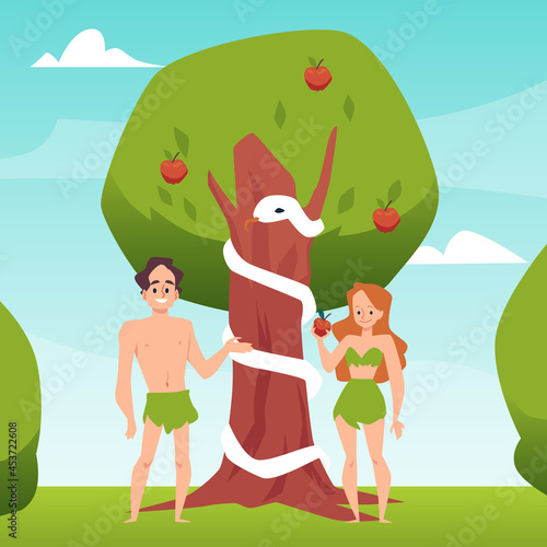 Temptation of Adam and Eve with forbidden fruit, flat vector illustration.