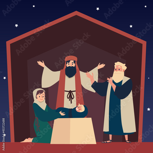 Bible Nativity adoration of the magi to Jesus, flat vector illustration.