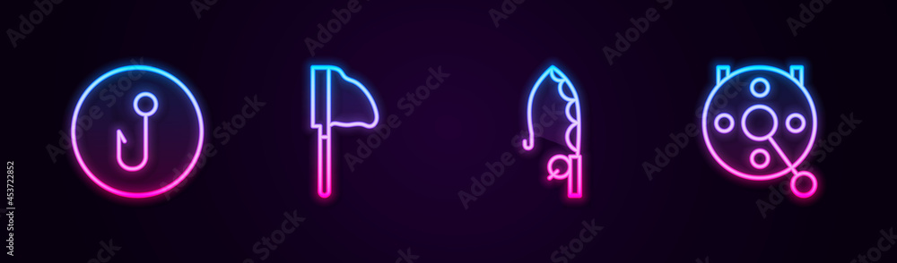 Set line Fishing hook, net with fish, rod and Spinning reel for fishing. Glowing neon icon. Vector Set line Fishing hook, net with fish, rod and Spinning reel for fishing. Glowing neon icon. Vector