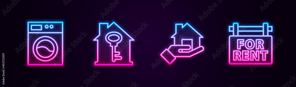 Set line Washer, House with key, Realtor and Hanging sign For Rent. Glowing neon icon. Vector Set line Washer, House with key, Realtor and Hanging sign For Rent. Glowing neon icon. Vector