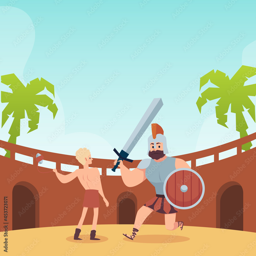 Battle of young king David and giant Goliath, flat vector illustration.