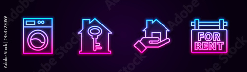 Set line Washer, House with key, Realtor and Hanging sign For Rent. Glowing neon icon. Vector
