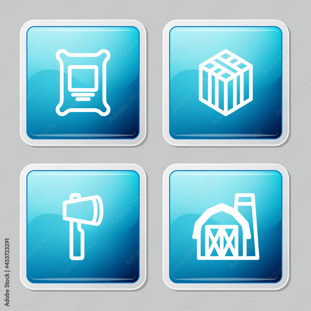 Set line Fertilizer bag, Bale of hay, Wooden axe and Farm house icon. Vector Set line Fertilizer bag, Bale of hay, Wooden axe and Farm house icon. Vector