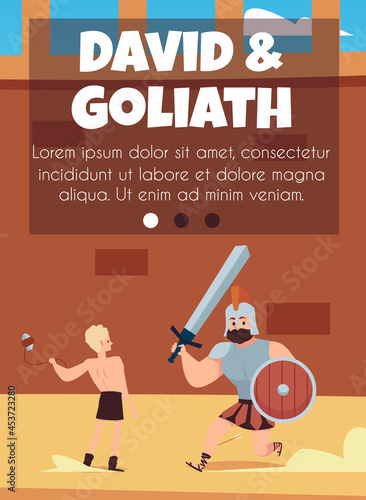 David and Goliath card template on topic of Bible, flat vector illustration.