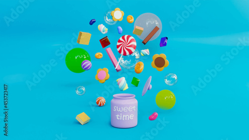 3d illustration 3d render-The dessert floats out of the sweet time jar amidst colorful balls and bubble on the blue background. Lollipops candy marshmallow caramel toffee jelly cookie wafer chocolate.