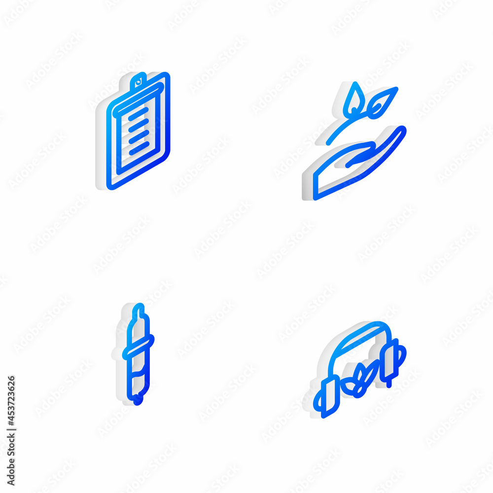 Set Isometric line Leaf in hand, Clipboard with checklist, Pipette and Headphones for meditation icon. Vector Set Isometric line Leaf in hand, Clipboard with checklist, Pipette and Headphones for meditation icon. Vector