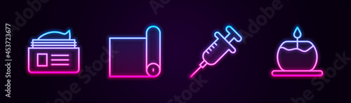 Set line Ointment cream tube, Fitness mat roll, Syringe and Aroma candle. Glowing neon icon. Vector