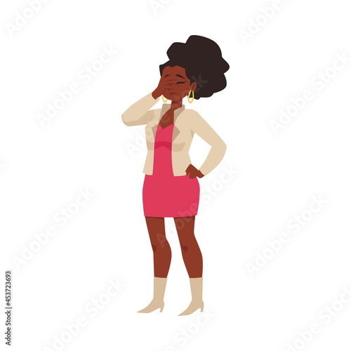 Woman with gesture of disappointment and annoyance, flat vector illustration.
