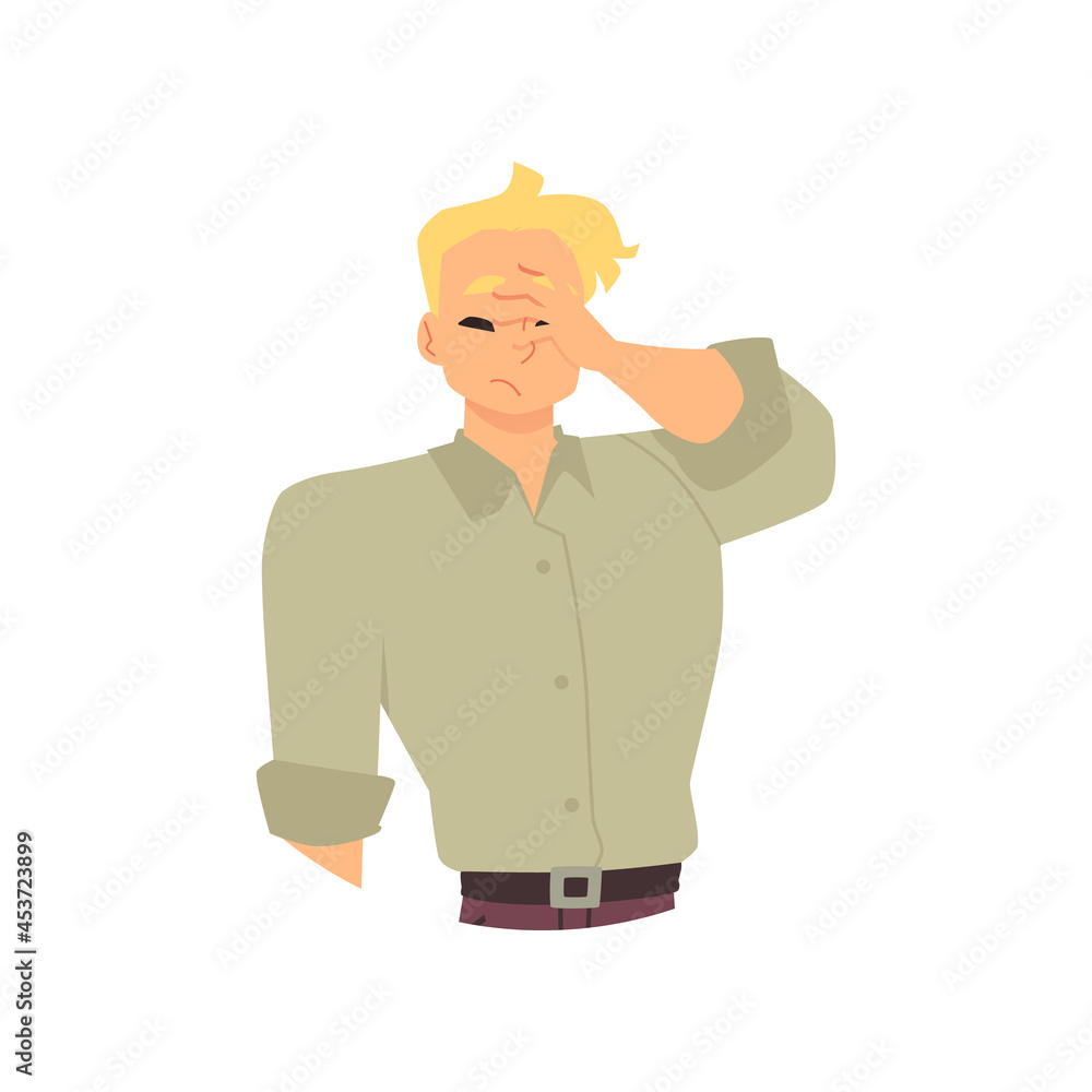 Sad disappointed young man in stress cover face with palm a vector illustration.