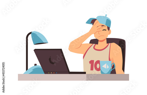 Disappointed upset man or teen with laptop, flat vector illustration isolated.