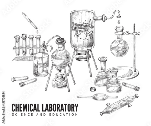 Vector sketch background with equipment and glassware for chemical scientific or educational laboratory.