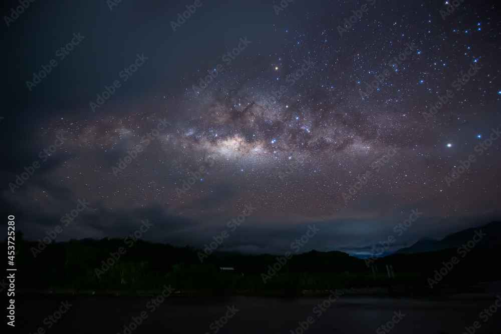 Nature landscape view of universe space of milky way galaxy and stars on sky at night. (Long exposure photograph, with grain.Image contain certain grain or noise and soft focus.)
