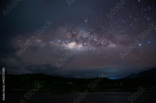 Nature landscape view of universe space of milky way galaxy and stars on sky at night. (Long exposure photograph, with grain.Image contain certain grain or noise and soft focus.)