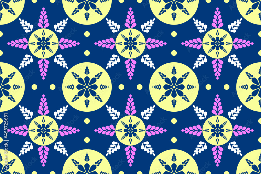 Seamless of ethnic, traditional pattern as geometric circle with floral style. Pattern in color of navy blue, yellow, pink, white. Design for fabric background wallpaper vector carpet. Seamless of ethnic, traditional pattern as geometric circle with floral style. Pattern in color of navy blue, yellow, pink, white. Design for fabric background wallpaper vector carpet.