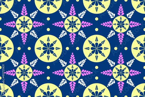 Seamless of ethnic, traditional pattern as geometric circle with floral style. Pattern in color of navy blue, yellow, pink, white. Design for fabric background wallpaper vector carpet.