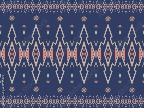 Geometric seamless ethnic traditional pattern in diamond rectangle and floral style with small bar. Diamond Rectangle in blue gray orange pink white. Design fabric background wallpaper vector carpet.