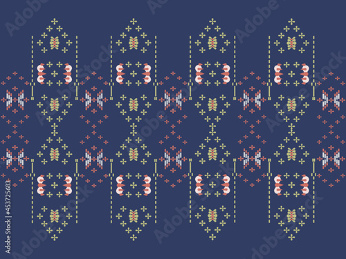 Geometric seamless ethnic traditional pattern in small embroidery style. Pattern in color of navy blue white yellow pink orange. Design for fabric background wallpaper vector carpet.