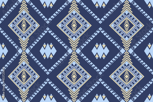 Geometric seamless ethnic traditional pattern in rectangle and small triangle style and crossing stripe line. Rectangle in navy blue yellow white. Design fabric background wallpaper vector carpet.