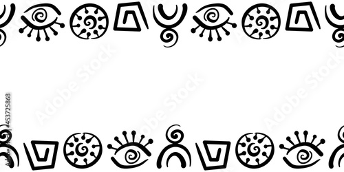 Vector doodles of ancient ethnic traditional symbols. Seamless border. Hand drawn Ritual screen printing.