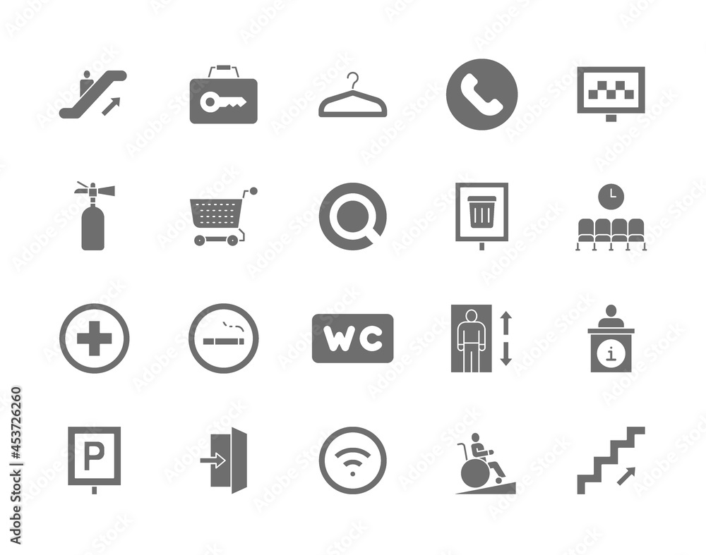Set of Public Navigation Grey Icons. Hanger, Coffee, Toilet, Elevator and more. Set of Public Navigation Grey Icons. Hanger, Coffee, Toilet, Elevator and more.