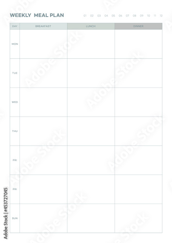 Note, scheduler, diary, planner document template illustration. Weekly meal plan template.
