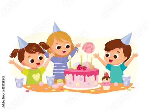 Children kids cheerful exited and happy sitting by table at Birthday party congratulate greet host with hands up and looking at Birthday cake. Vector illustration.