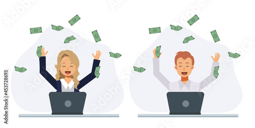 Set of happy man and happy woman making a lot of money on internet.  win the prize, get money concept. Flat vector 2d cartoon character illustration.