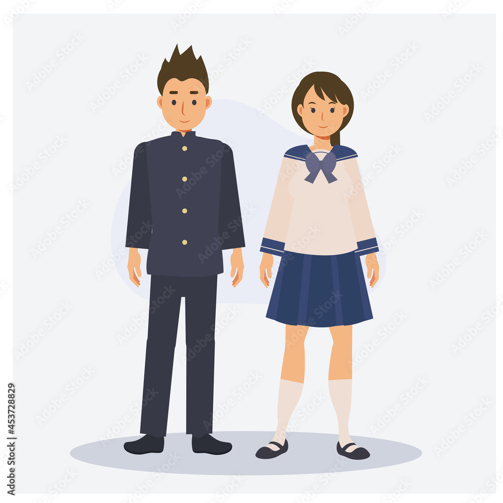 male and female teenager japanese school students. Flat vector 2d cartoon character illustration.