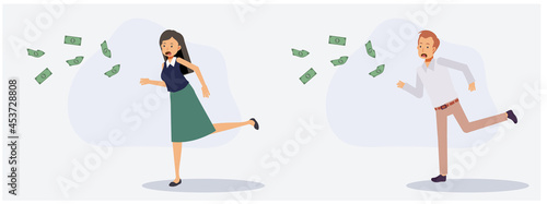 set of male and female running up to catching money note.Lack of money concept. Flat vector 2d cartoon character illustration.
