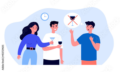 Friends offering alcohol to non-drinking guy. Flat vector illustration. People with glasses resting in evening, drinking in company of sober friend. Sobriety, alcoholism, diet, addiction concept photo