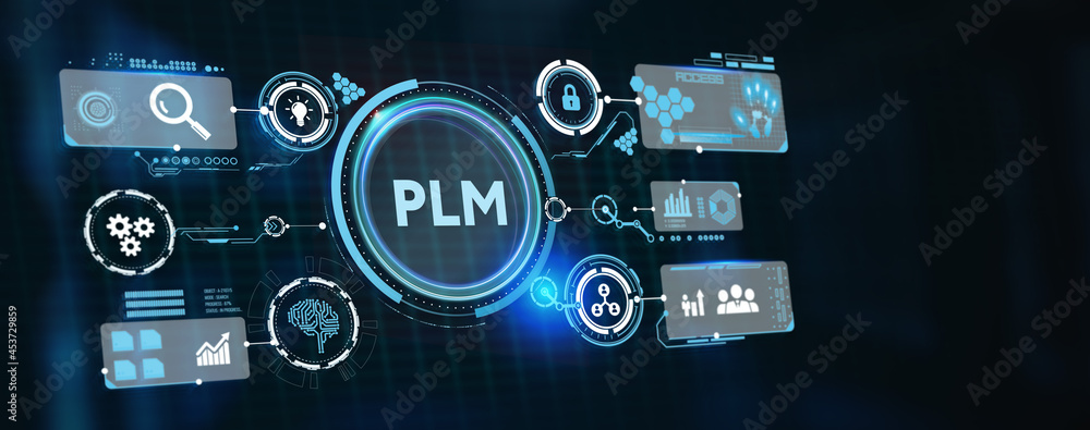 PLM Product lifecycle management system technology concept. Technology, Internet and network concept. 3d illustration PLM Product lifecycle management system technology concept. Technology, Internet and network concept. 3d illustration