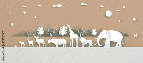 World Animals Day with deer, elephant, lion, giraffe, rabbit, butterfly.