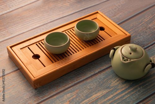 tea set on bamboo